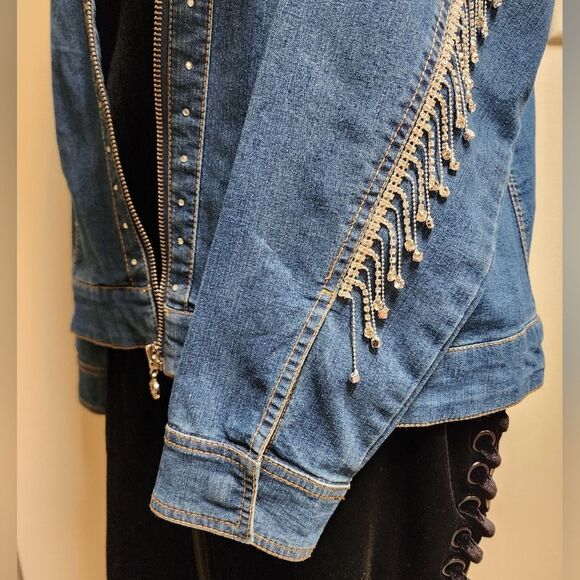 Upcycled Custom Jean Jacket Trimmed in Rhinestone Fringe Size M - Picture 4 of 10
